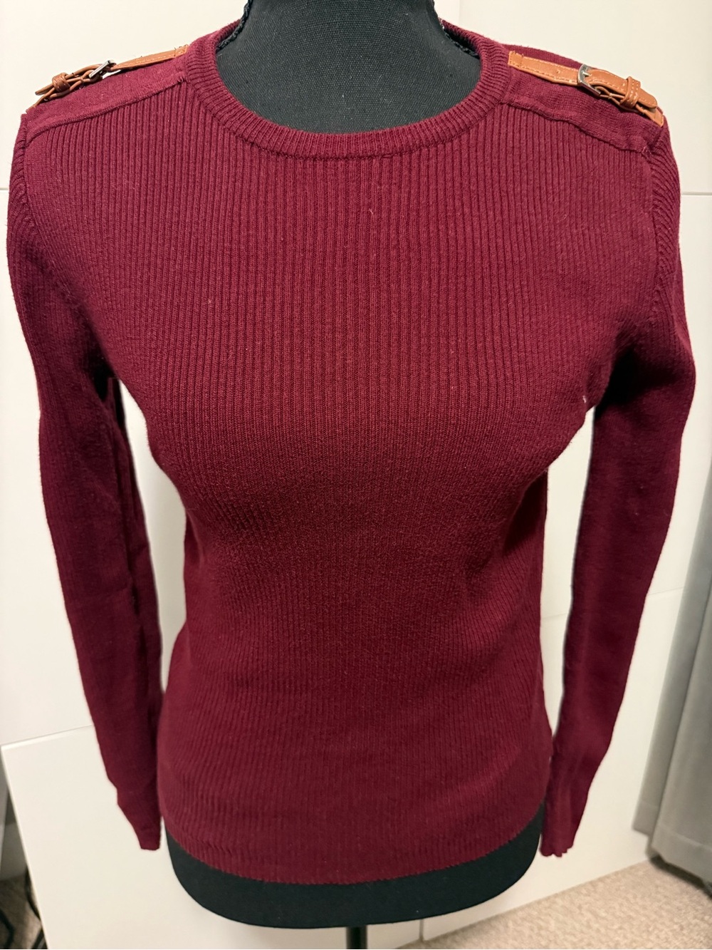 Ralph Lauren Burgundy Ribbed Crewneck Sweater with Tan Shoulder Strap Accents